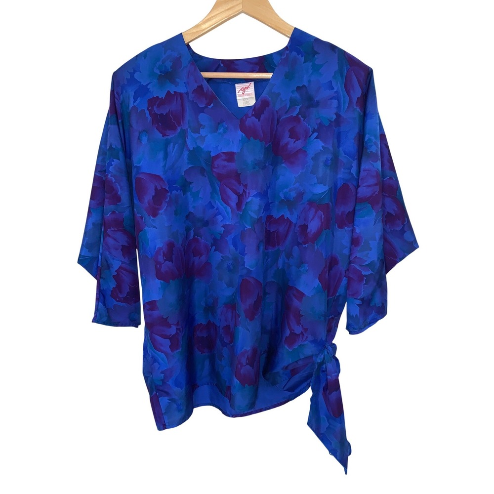 Vtg GRAFF GW‎ Women's Blue Floral Print Tie Blouse  Large Made in USA